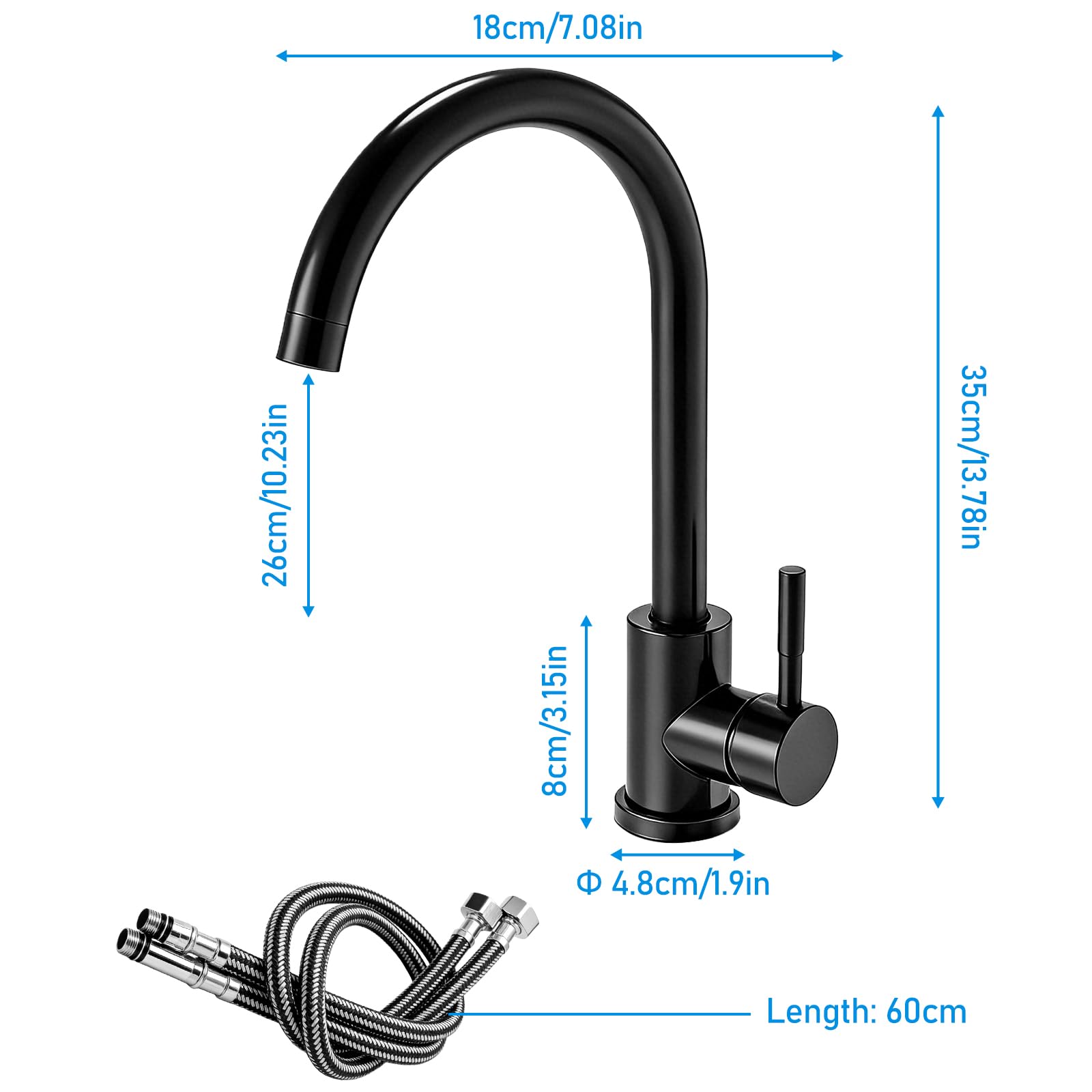 Robinet de cuisine pivotant à 360° - En acier inoxydable - Mitigeur monocommande - Robinet d'évier de cuisine avec tuyau de 60 cm - Raccords G3/8 - Noir