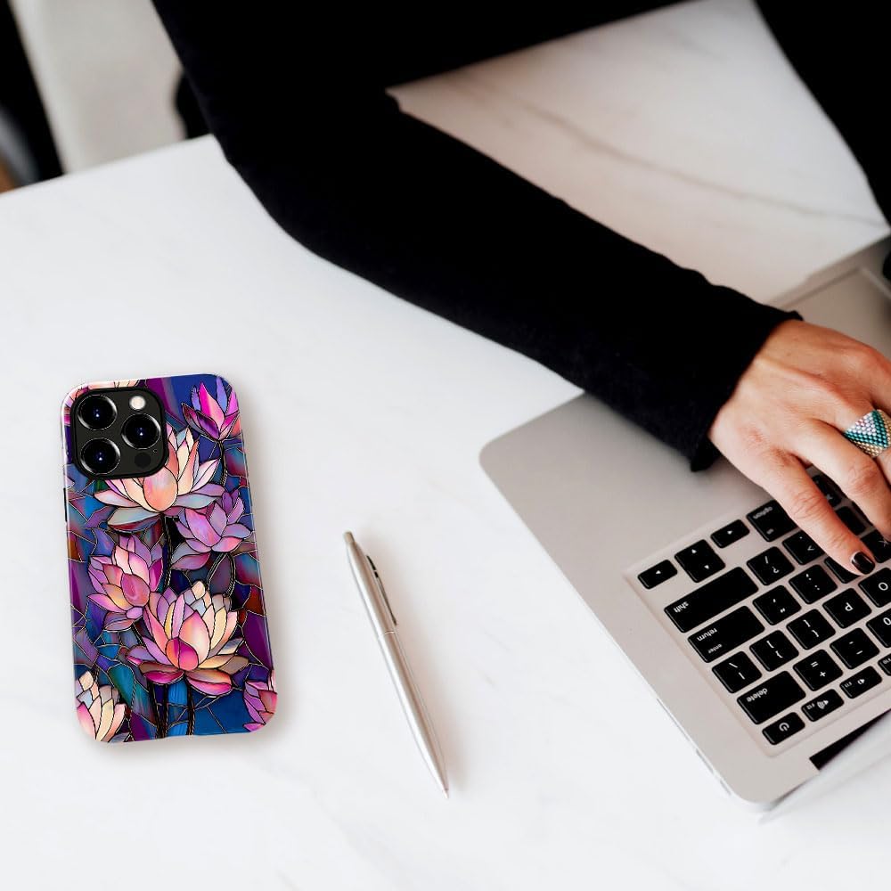 Case for iPhone 15 Pro Max,Glossy Case Cover for Women Girls,Drop Scratch Protective-Stained Glass Lotus Flower - Image 5