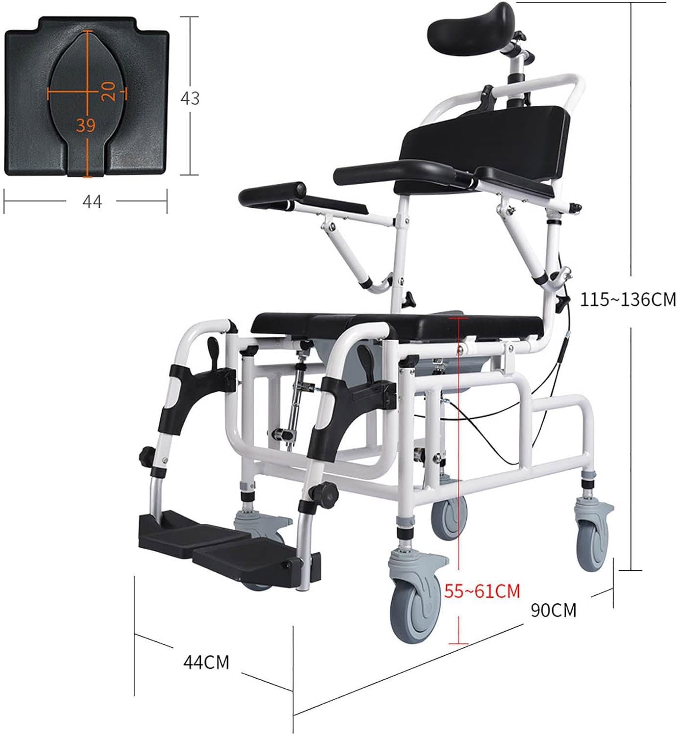 Komody nocne dla osób starszych i niepełnosprawnych, hydrauliczne krzesło prysznicowe z kółkami, nośność 100 kg, nachylenie 45° dla zmniejszenia mobilności