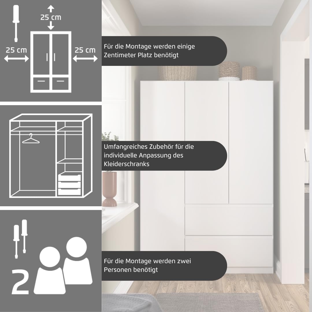 Rauch Möbel Costa, Kleiderschrank für Schlafzimmer, Kinderzimmer, Babyzimmer, Jugendzimmer, Flur, Garderobe 3-türig, 2 Schubladen, Push-to-Open, Farbe Weiß, Breite 136 cm