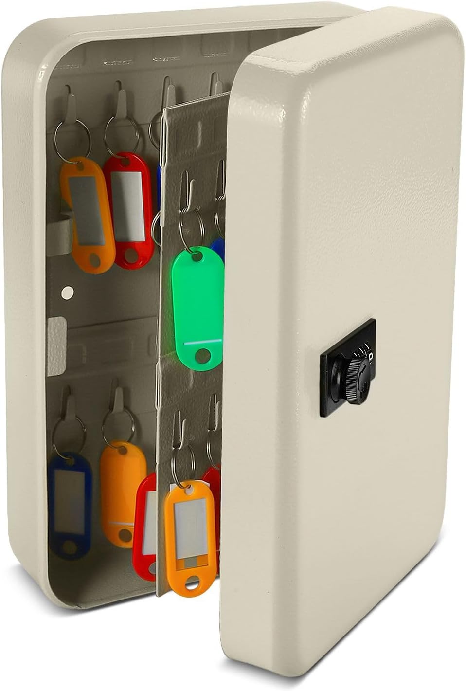 Flexzion Key Cabinet Lock Box - White Key Storage Box Wall Mount with Combination Lock, Secured Key Organizer Box with 48 Colored Key Holder for Homes, Office, Apartments, Hotels, Business
