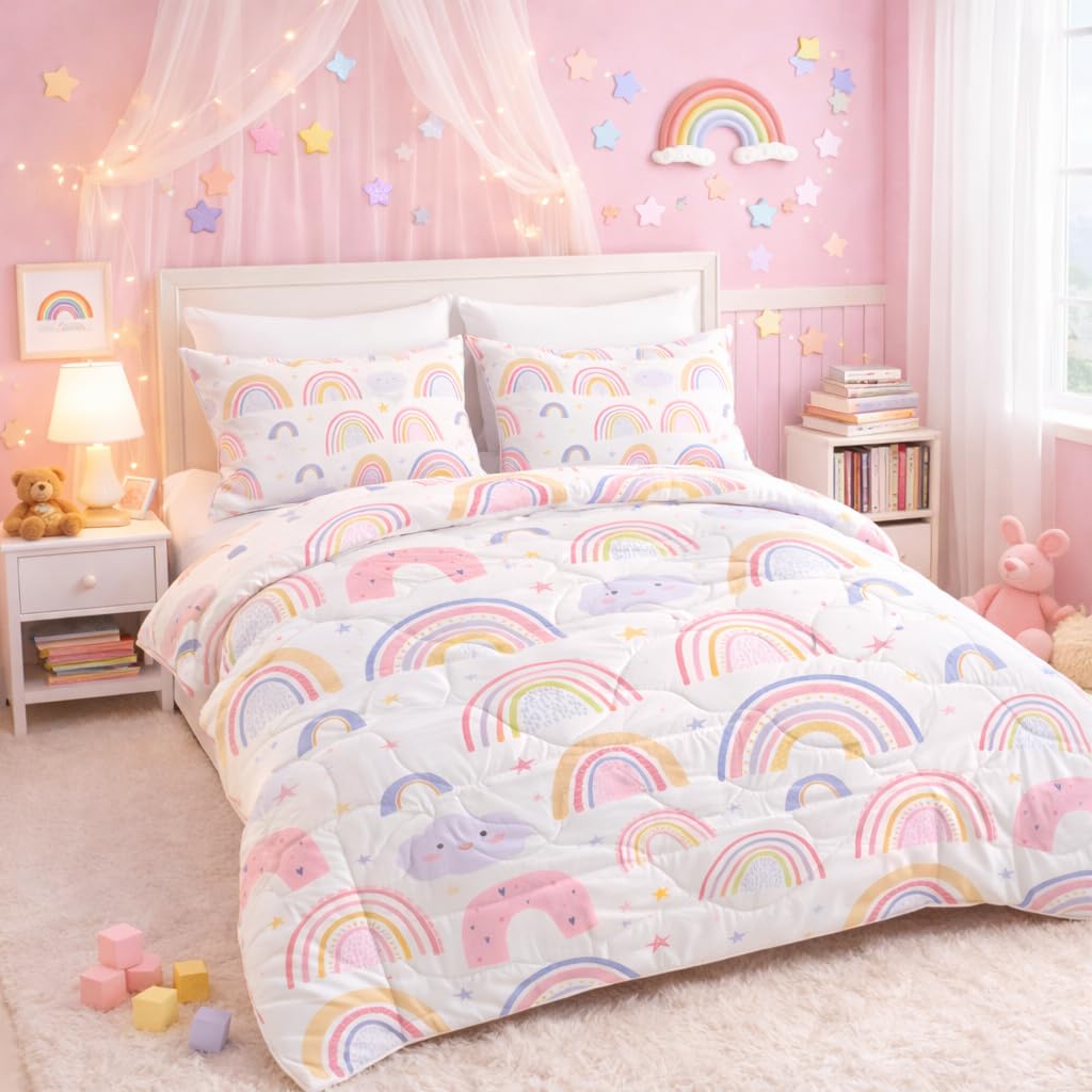 BEDMUST Set Piumino Matrimoniale Arcobaleno Con Stelle Per Ragazze - Rosa E Giallo, 3 Pezzi (1 Piumino + 2 Federe), 222x228 Cm