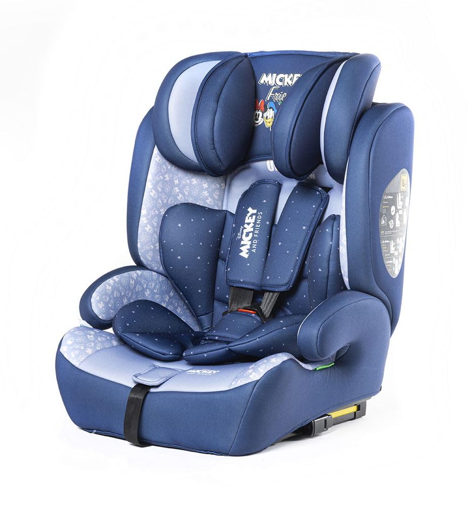 Disney Mickey Mouse Autositz Mit ISOFIX-Befestigung Für Kindersicherheit Mit Einer Körpergröße Von 76 Bis 150 Cm Mit Grafiken Von Mickey Mouse Und Seinen Freunden Auf Blauem Hintergrund