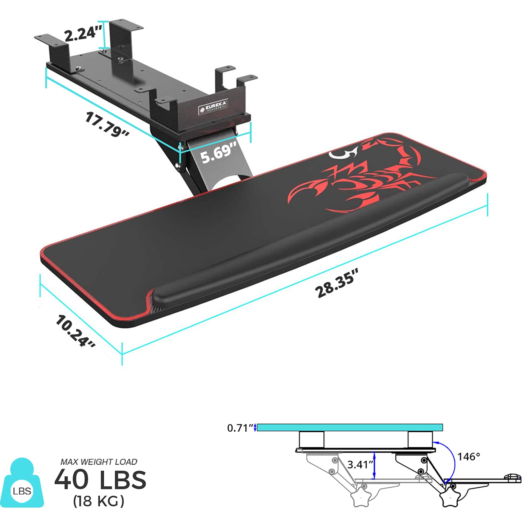 EUREKA ERGONOMIC Height Adjustable Mouse & Keyboard Tray Under Desk, 28