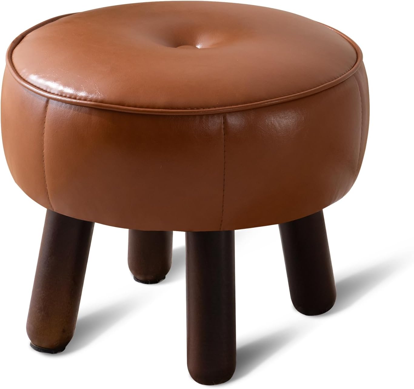 OAKVIVO Small Round Faux Leather Foot Stool Ottoman with Rubber Legs, 13x13x10.2 Inch Brown Footrest for Desk, Couch, Bedroom