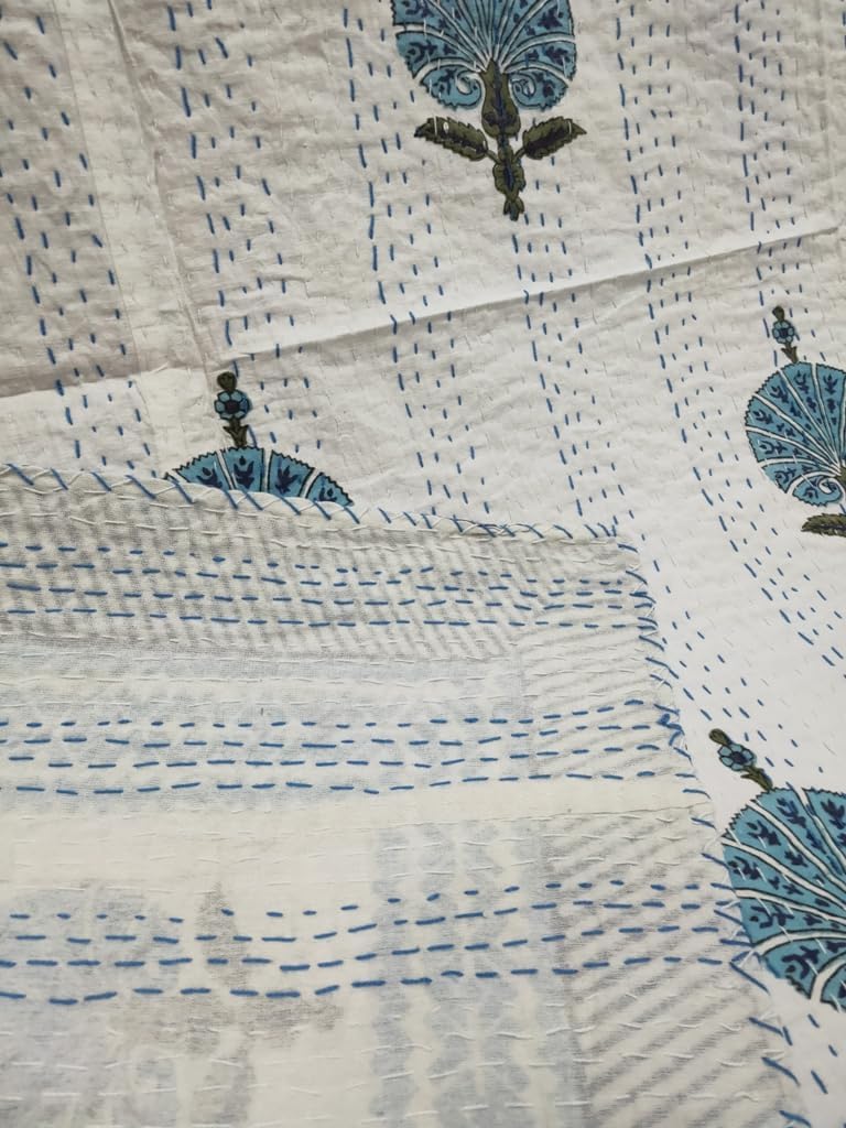 Hand Block Printed Kantha Quilt, Cotton Kantha Bedspread, Twin/Queen/King Size Kantha Coverlet, Handmade Kantha BlanketKantha Throw (Pink Floral, Twin)