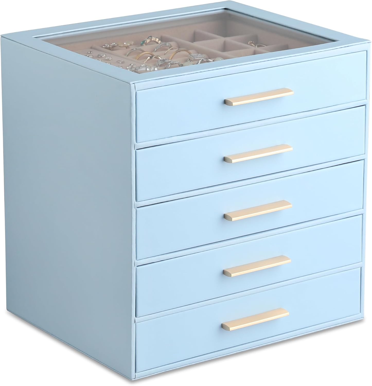 Frebeauty Clear Lid Jewelry Box,5-Layer Jewelry Organizer with Drawer,PU Leather Jewelry Organizers and Storage,Jewelry Boxes for Women,Jewelry Storage for Rings Earring Stud,Gift for Women(White)