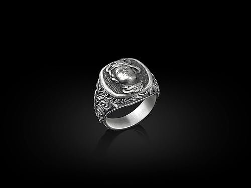 Miniatura 6 de BySilverStone Jewelry - Anillo de sello Gorgon Medusa, anillo de sello cuadrado de plata de ley, mitología griega, anillos de meñique para mujeres,