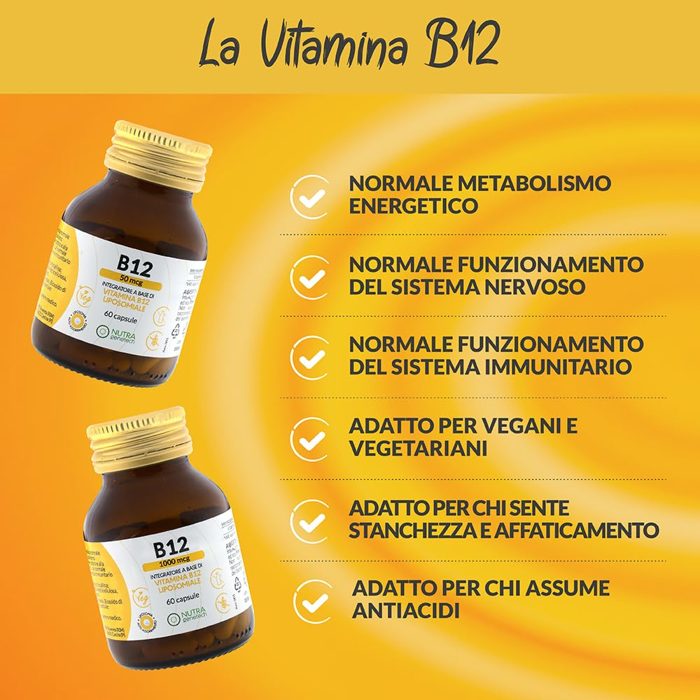 Vitamina B12 Liposomiale 1000 mcg | Metilcobalamina ad Alta Biodisponibilità | Integratore in Capsule | Vegano | Supporto Energetico e Nervoso | Flacone in Vetro 60 cps