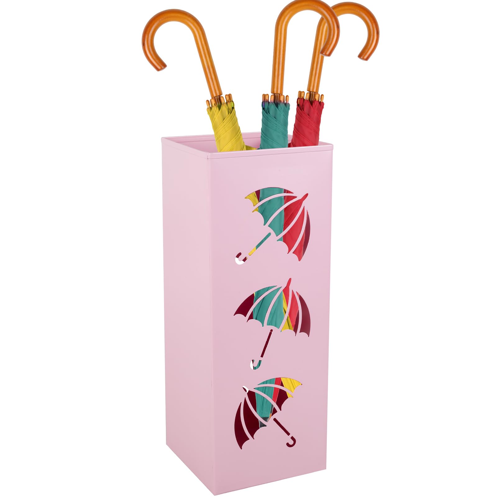 Metal Umbrella Holder, Free Standing Umbrella Stand Square Multifunction Walking Stick Holder Rack Decorative, Slim Umbrella Stand for Hallway Entryway Home Hotel Office Collocation Foyer(Pink)