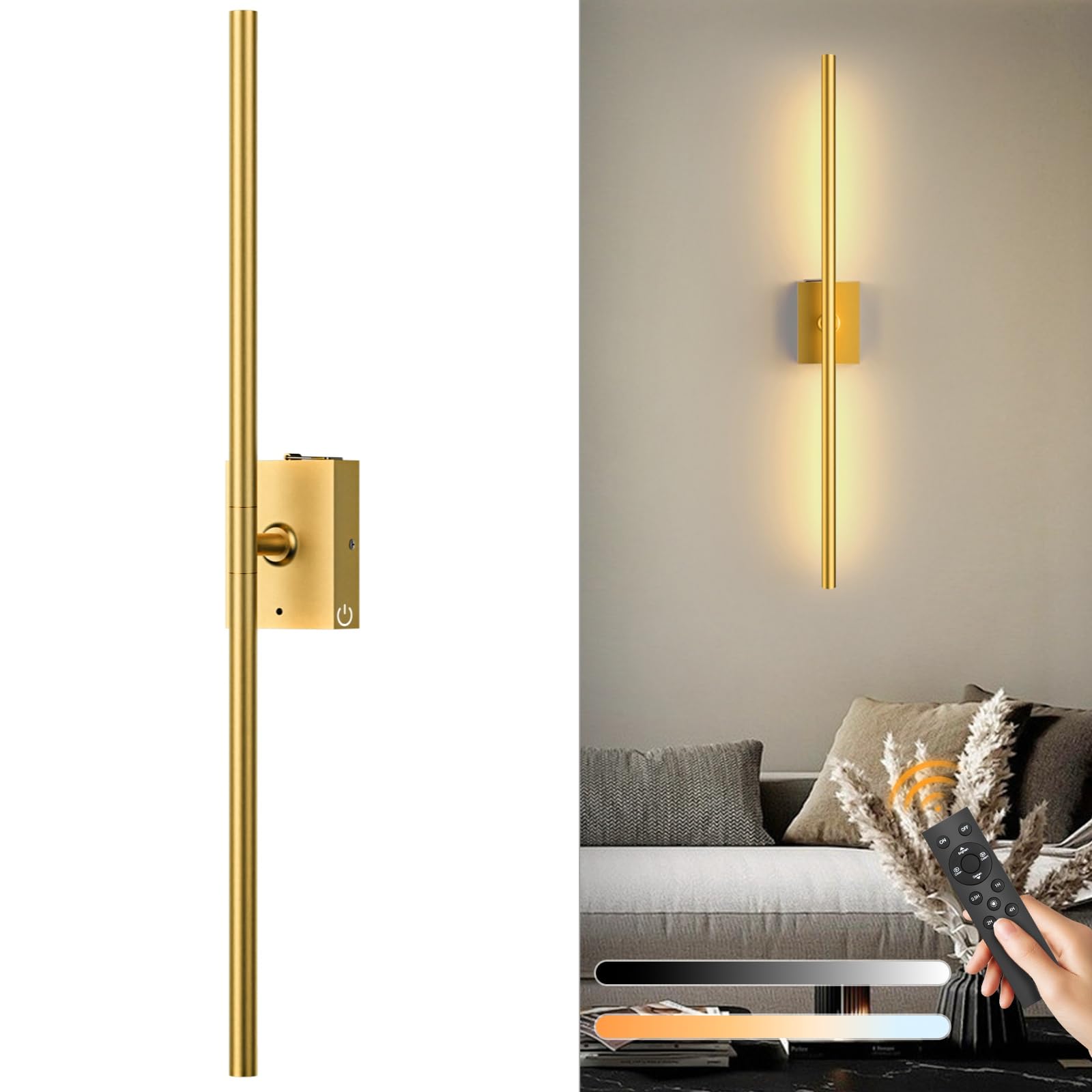 Photo 1 of 1 Pack Rechargeable Wall Sconce - Gold 10000mAh Battery Operated Wall Sconce with Remote and Touch, 31-inch LED Wireless Wall Light, 360° Rotate 4CCT Wall Scone Decor for TV, Bedroom, Living Room
