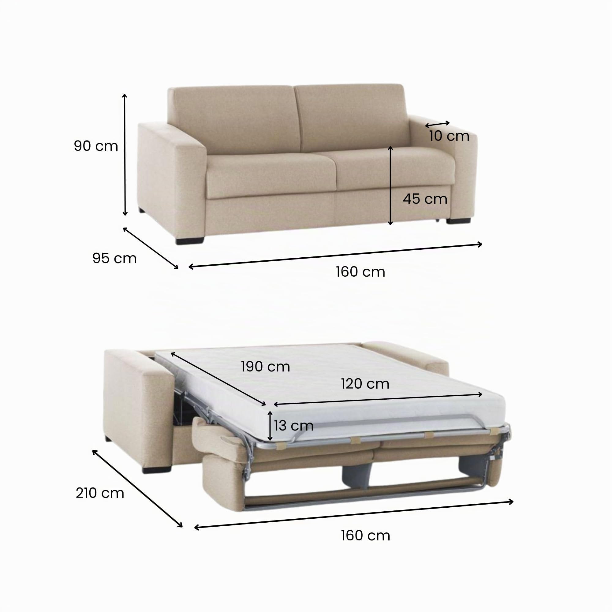 Dmora Divano Letto 2 posti Alena, Sofà Soggiorno con Apertura Girevole, Tessuto Imbottito, Braccioli Slim, 100% Made in Italy, Cm 160x95h90, Beige