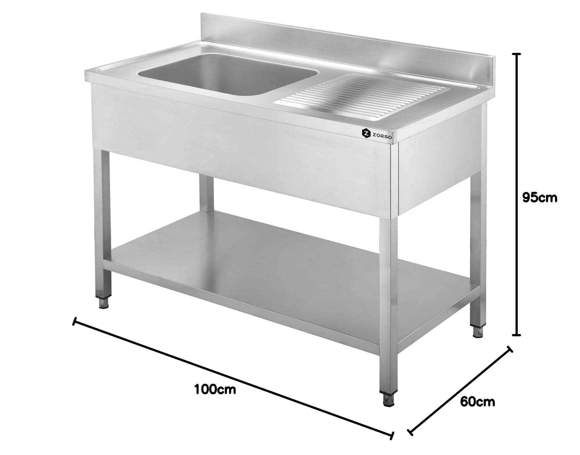 ZORRO Spültisch ZST 100/60/L | Edelstahl Spülschrank 1000x600x950 mm | Becken links, Abtropffläche rechts | Für Gastronomie, Küche & Imbiss