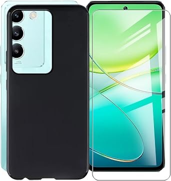 for Vivo V40 SE 5G Case, with [ 1 x Screen Protector Tempered Glass Film], Black Soft Silicone Cover Shockproof Bumper Protection Case for Vivo V40 SE 5G 6.67" - Black
