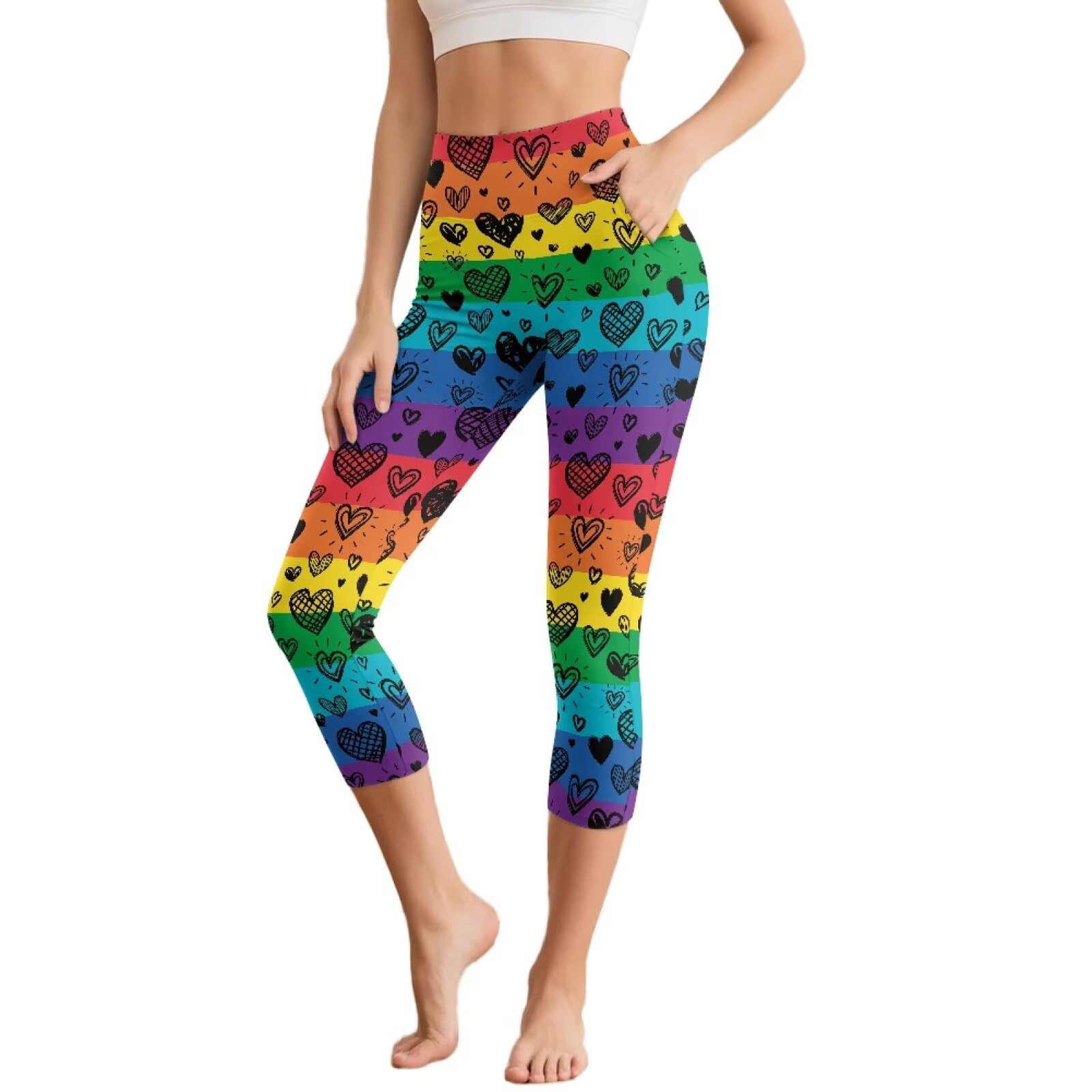 Suhoaziia Love Rainbow Stripes High Waisted Workout Leggings for Women Tummy Control Yoga Pants with Pockets Athletic Running Capri Pants Activewear 2025 Summer LGBT Pride Clothing