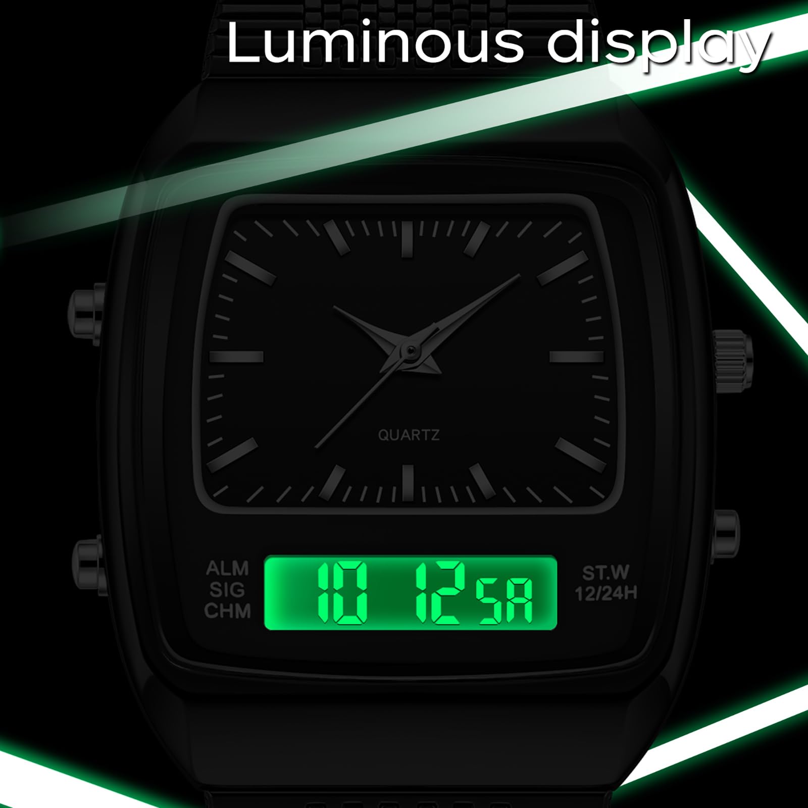 findtime Relojes para hombre y mujer, resistente al agua, analógico, digital, correa única, alarma de negocios, relojes retro, luz de fondo LED, multizona horaria, reloj de pulsera rectangular