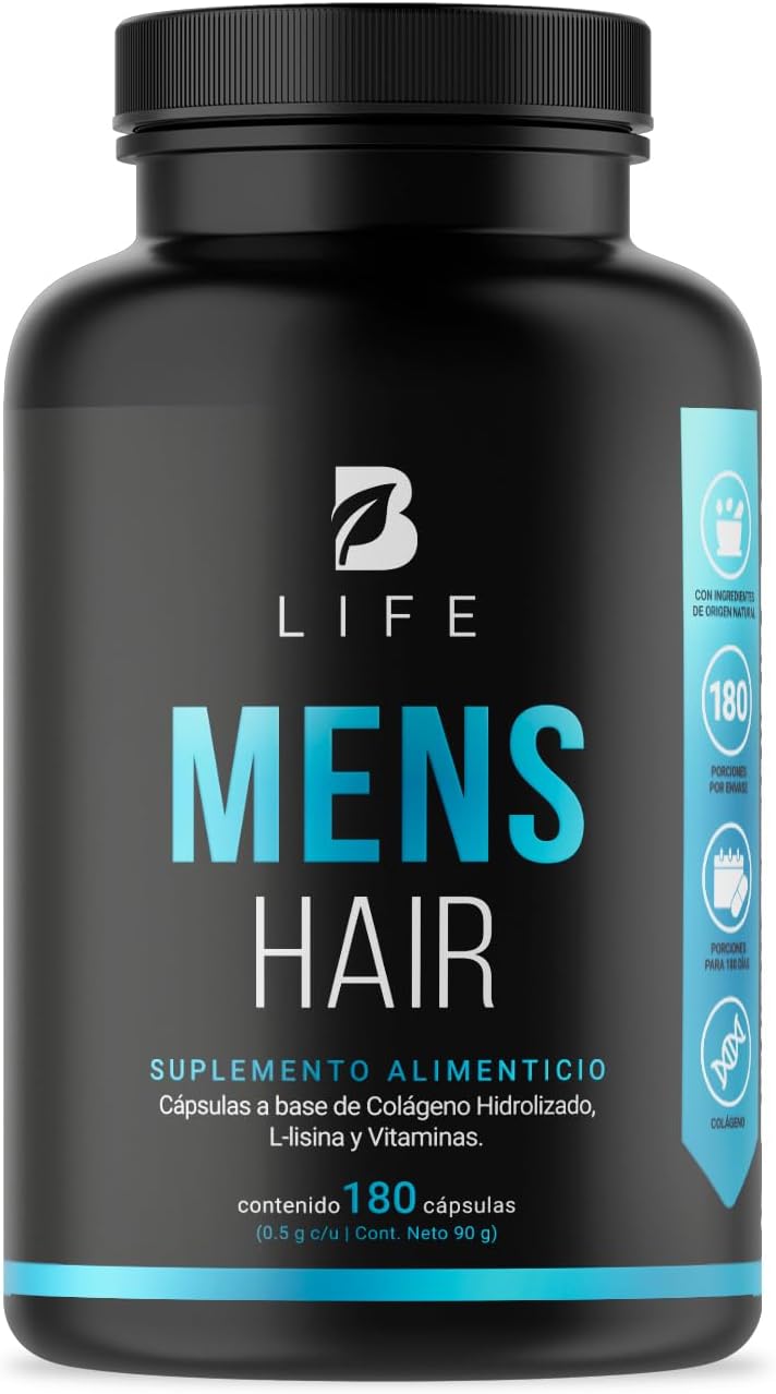 Men's Hair Supplement with Biotin, Selenium, Zinc, Collagen, Vitamins A, C, E, B5 and D3 | 240 Caps - 120 Days | Hair Growth and Strength | Made in USA by B Life.