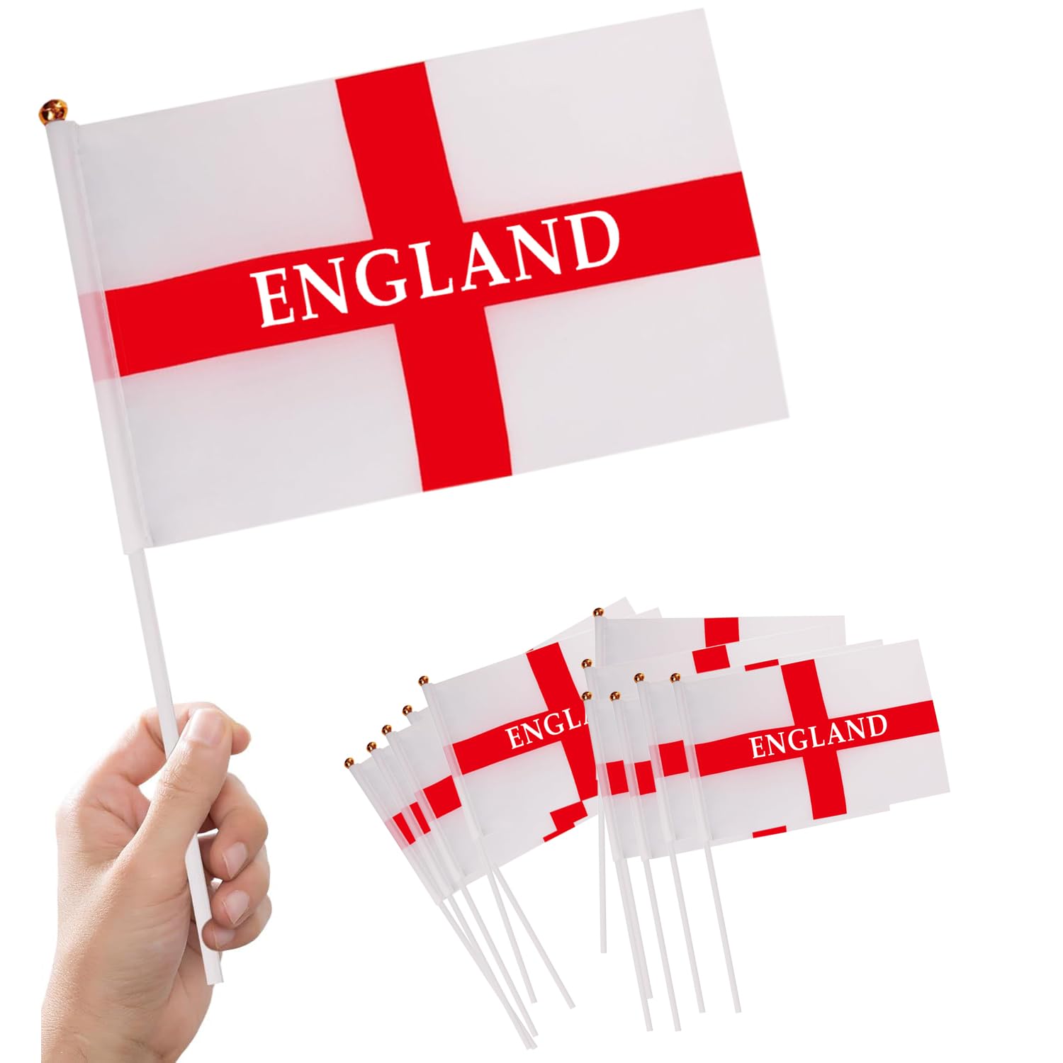 Nikolaus 12Pcs England Flags on Sticks for St. George's Day, European Euros Cup, National Patriotic Activities, Home Garden Decorations, 14 x 21cm, 30cm White Pole