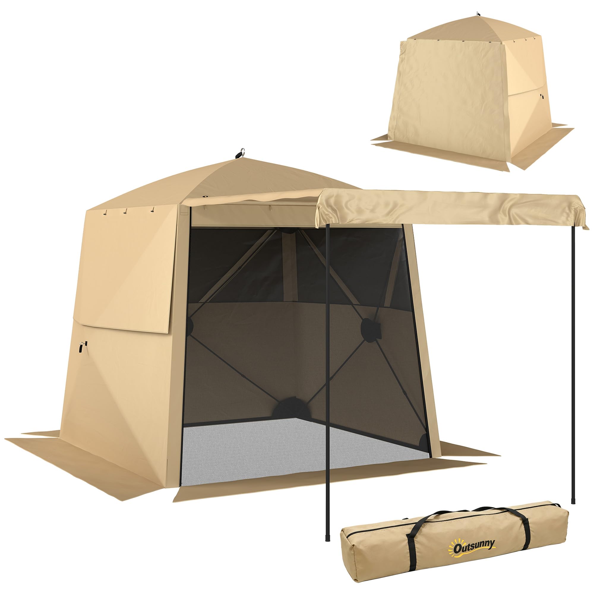 Outsunny 2 x 2 m Pop Up Gazebo with Awning, Waterproof Instant Shelter for Garden BBQ, Fishing, Camping, Easy Setup Garden Gazebo with Sides, Mesh Windows & Carry Bag, Khaki