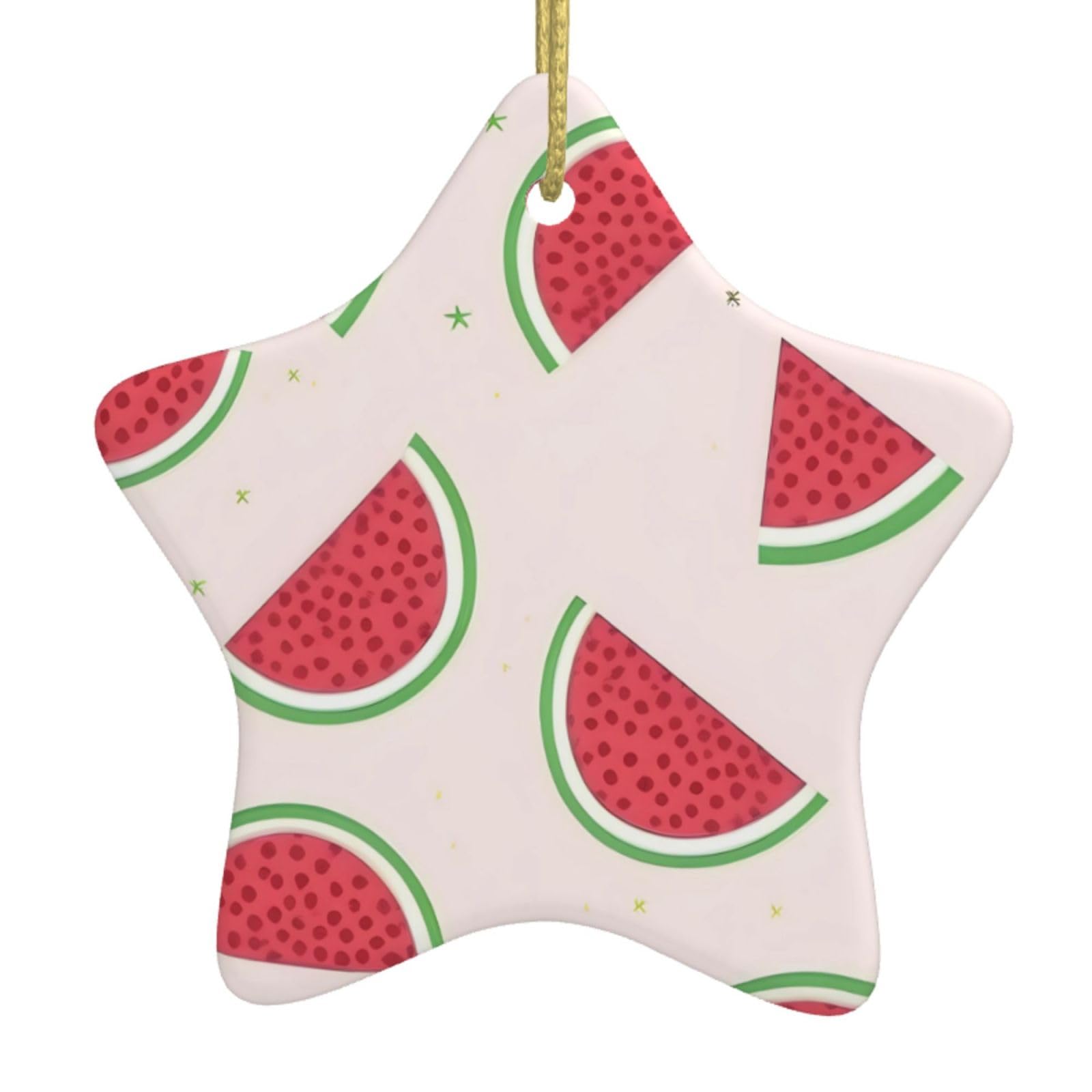 Pink Watermelon Christmas Ceramic Star Pendant with Punched Holes and Gold Wire Rope, Christmas Tree Home Decoration