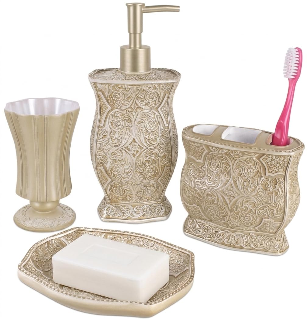 Victoria Bath Ensemble, 4 Piece Bathroom Accessories Set, Victoria Collection Bath Gift Set Features Soap Dispenser, Toothbrush Holder, Tumbler, & Soap Dish by Creative Scents