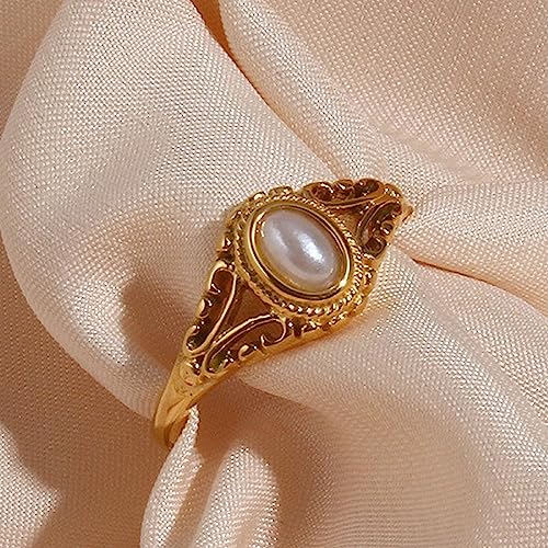 Gold Rings for Women Non Tarnish Natural Freshwater Pearl Stainless Steel 18K Gold Plated Ring,Bridesmaid Wedding Jewelry，Promise Rings for Her3