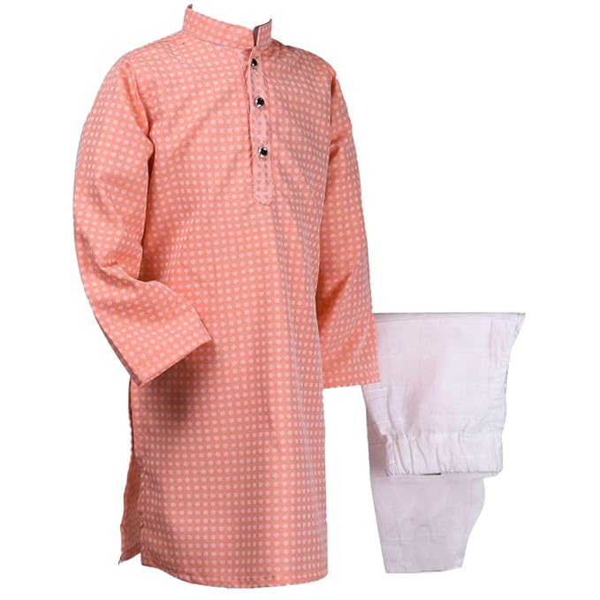 Knotty Kids By Hopscotch Baby Boys Cotton Polka Dot Full Sleeve Kurta And Pyjama Set in Orange Color
