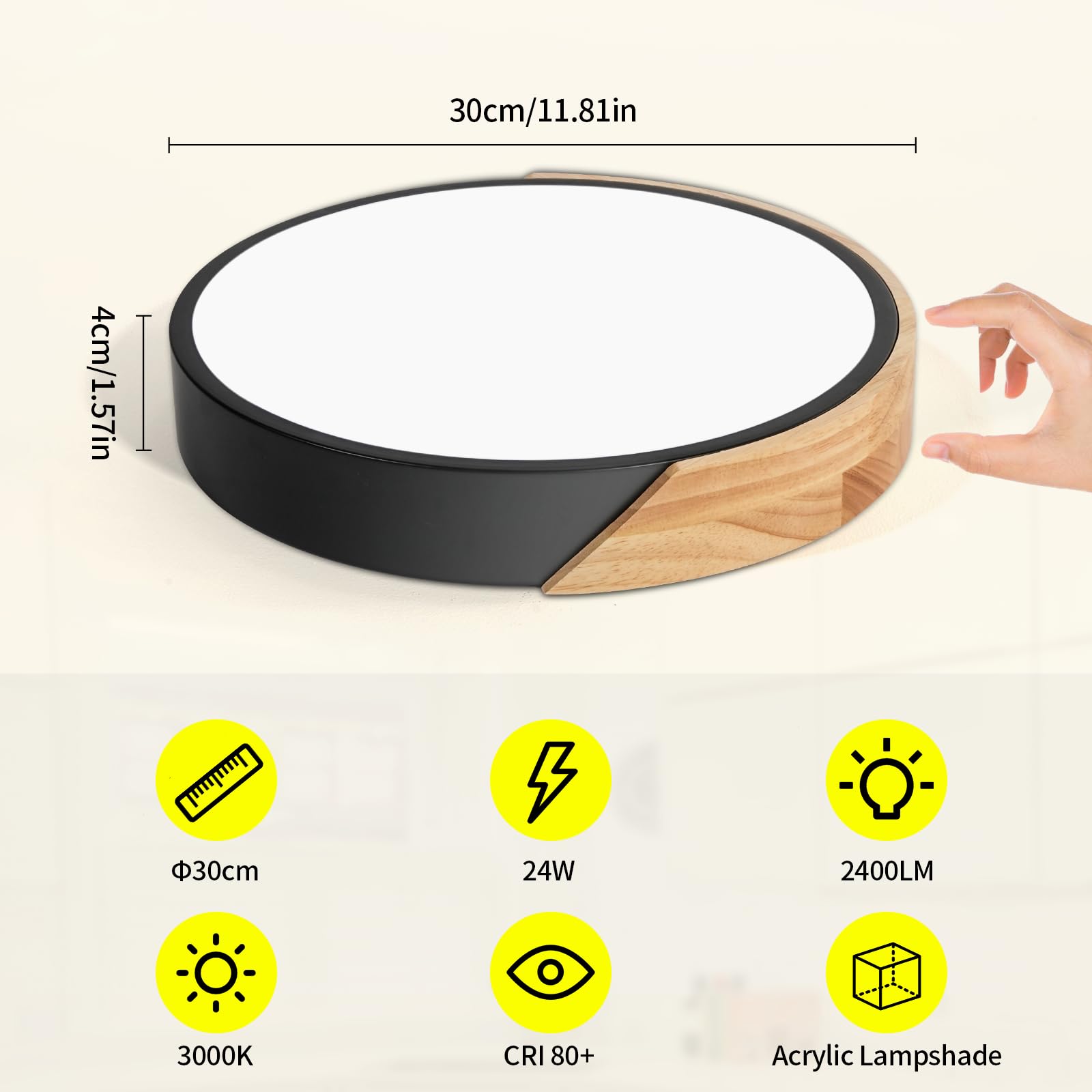 Kambo LED Deckenleuchte 24W ∅30cm, Moderne Deckenlampe Schwarz mit Holzoptik 3000K, für Wohnzimmer, Schlafzimmer, Küche, Flur, Balkon