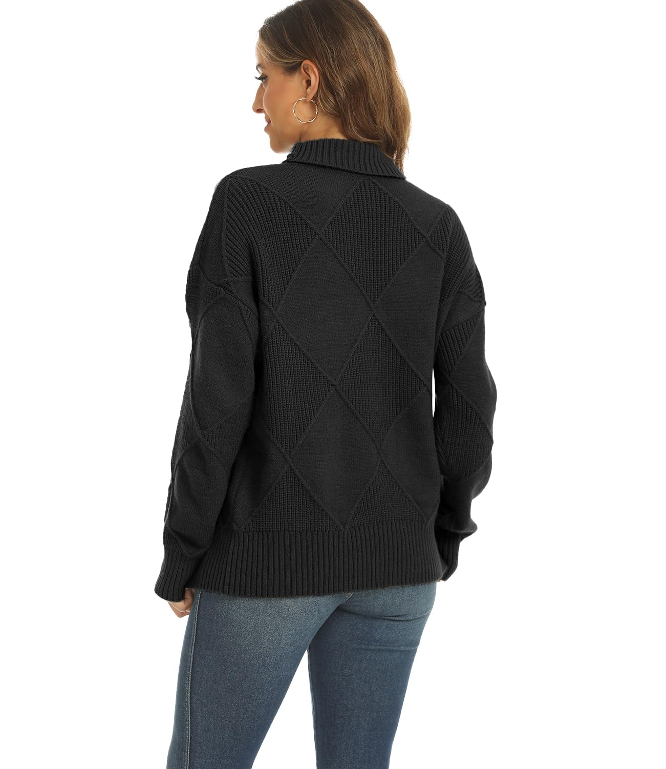 JFAN Maglione Donna a Collo Alto Elegante Pullover Vintage in Maglia a Rombo Manica Lunga Maglione Sciolta Caldo per Autunno e Inverno