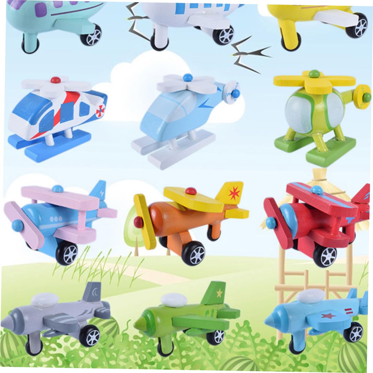 TOYANDONA Set 12 Mini Aerei Giocattolo in Legno, Giocattolo Educativo per Prima Infanzia Colori Vivi, Sicuro e Naturale, per Giochi e Decorazione Scrivania