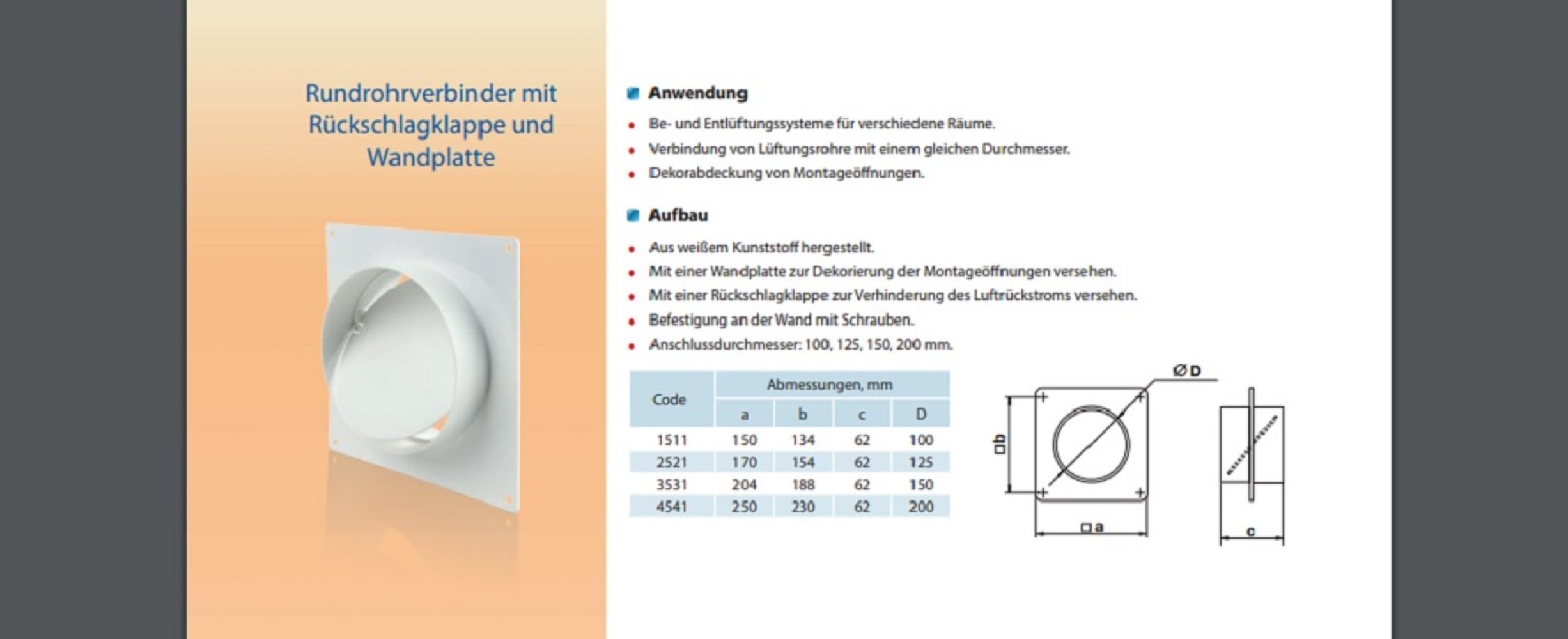 Clapet Anti Retour 125mm Avec Clapet Anti-Retour - PVC Blanc - Pour Tuyau Rond - Système Aération Raccord Ventilation 125mm