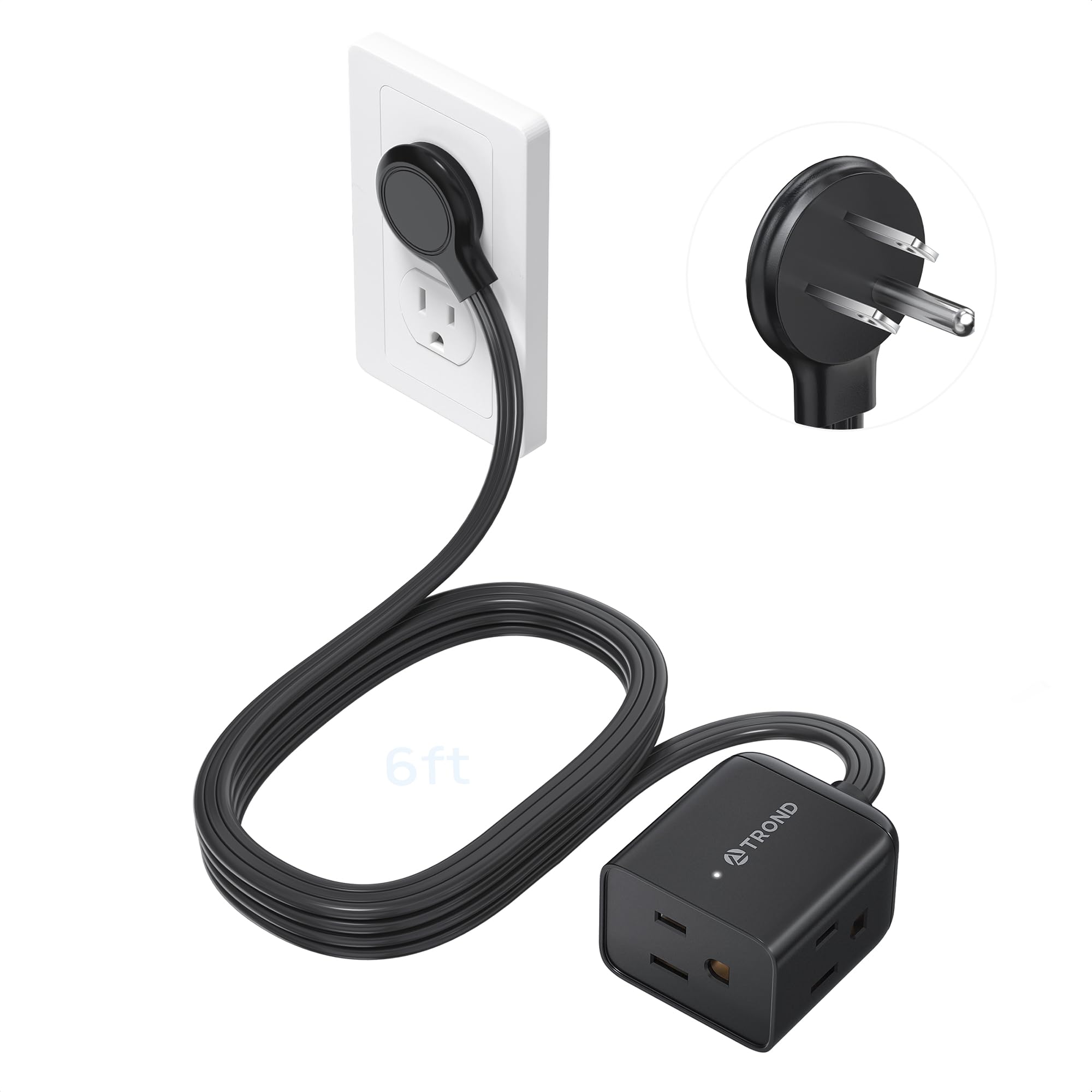 TROND Flat Extension Cord 6 Feet - Right Angled Flat Plug Power Strip, ETL Listed, 3 Plug Extension Outlets, Three Prong, SPT 16/3 Gauge, 13A, Small
