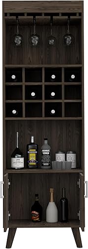 Miniatura 6 de Edessa - Armario de bar con 12 cubos de vino, 2 estantes abiertos, estante de vidrio y un gabinete de doble puerta, nogal oscuro