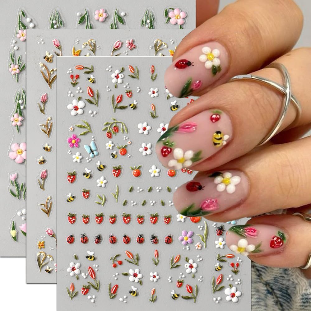 5D Flower Nail Art Stickers Spring Bee Daisy Nail Stickers Cute Colorful Strawberry 5D Embossed Nail Decals Self Adhesive Nail Art Supplies Summer DIY
