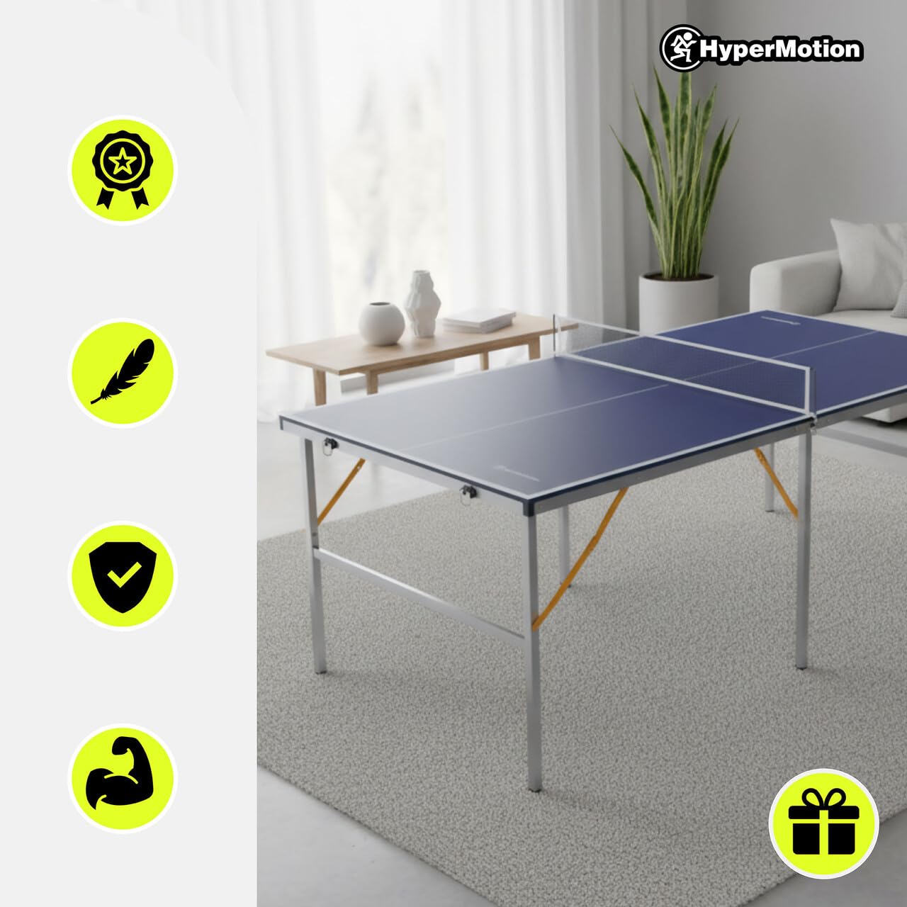HyperMotion HYP32 Table de Ping Pong Pliante pour Enfants et Adultes, Modèle Compact d’Intérieur avec Filet, Raquettes et Balles, Facile à Transporter