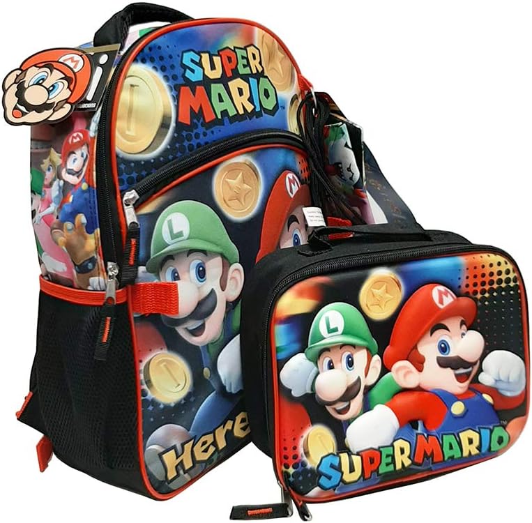 Super Mario 5-Piece Backpack Set with Lunch Box, Gadget Case, Cinch Sack & Snack Pack