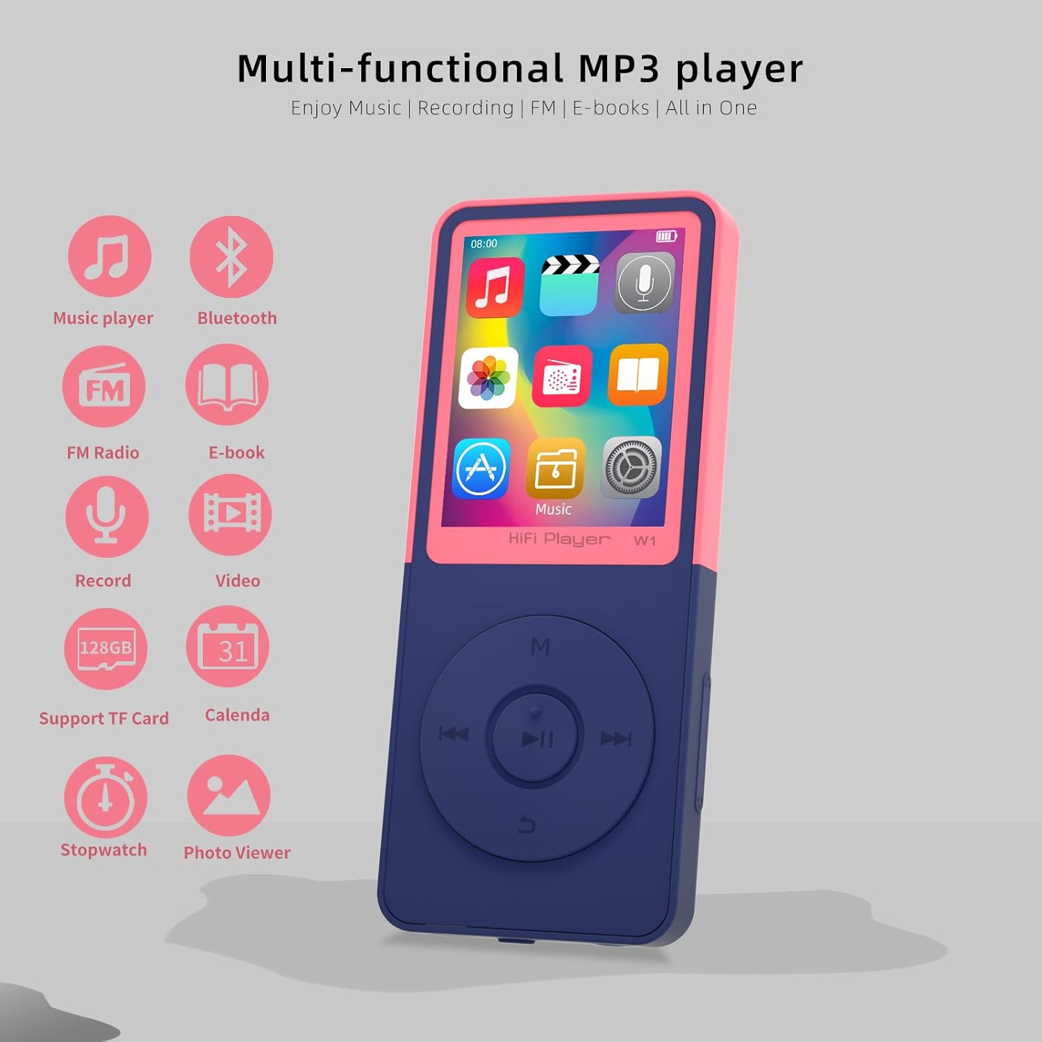 MP3 Player with Bluetooth,Portable Music Player,Bluetooth MP3 Music Player with FM Radio,Recorder,E-Book,HiFi Sound,Two-Tone,SD Card Slot – Red 32GB