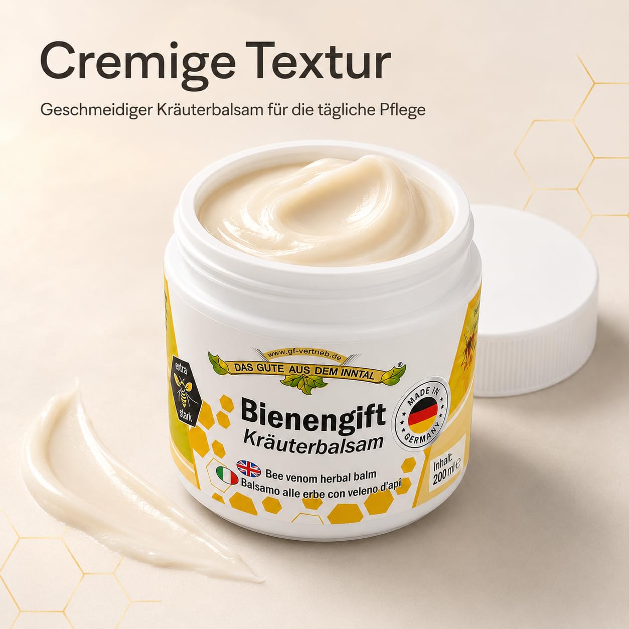 Bienengiftsalbe 200ml - Pflegecreme Kräuterbalsam extra stark - Wärmend & kühlende Bienencreme mit 12 Pflanzenextrakten, Menthol & Avocadoöl - Bienengift nach Sport & Belastung