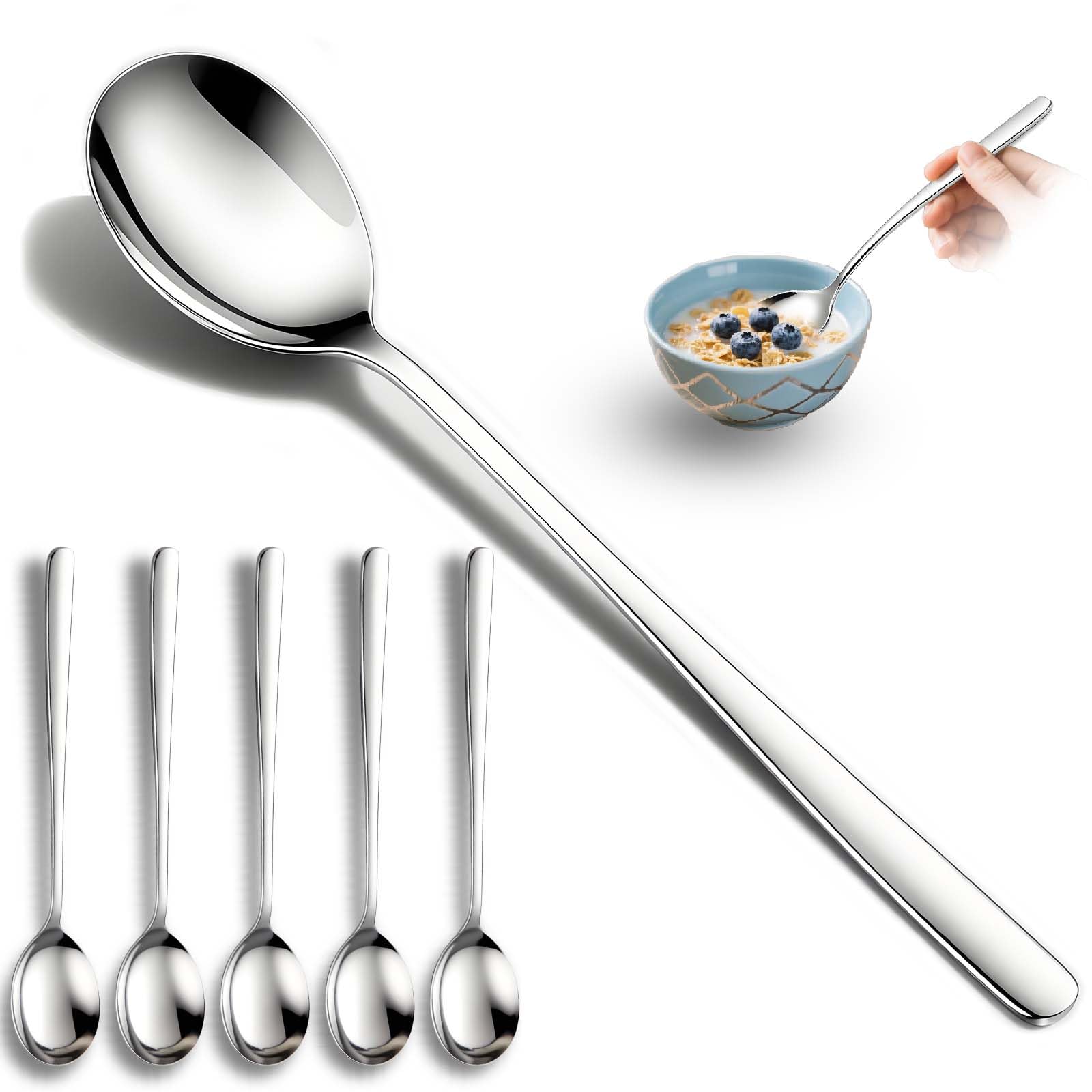 Set of 5 Premium Korean Soup Spoons, 8 Inch 18/10 Stainless Steel Long Handle Rice and Asian Spoon for Home, Kitchen, Restaurant, Cafe, Dishwasher Safe