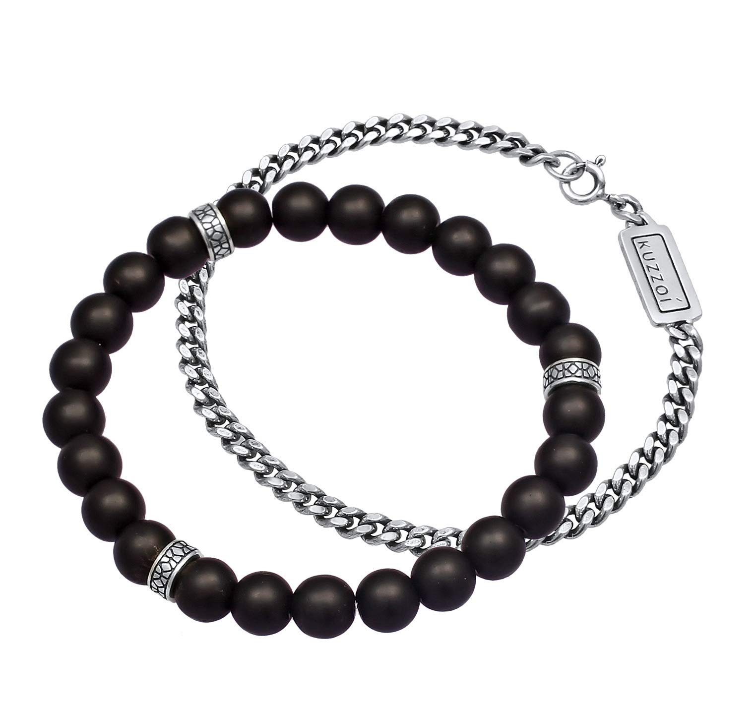 Kuzzoi Herren Armband Set bestehend aus einem elastischen Onyx Edelstein | Armband mit Silber Beads und einem Panzerarmband 925 Silber oxidiert Länge 19-21 cm