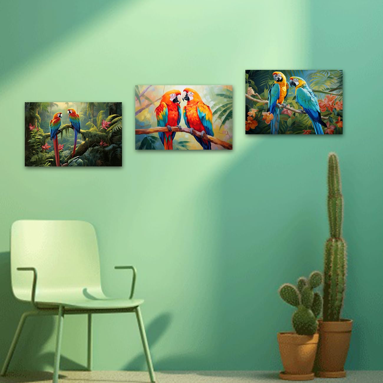 CXHOSTENT Parrot Canvas Wall Art set of 3 Parrot Couple on Branch Painting Tropical Rain Forest Animal Pictures Prints Colorful Birds Artwork Framed (Parrot-2 - Image 2