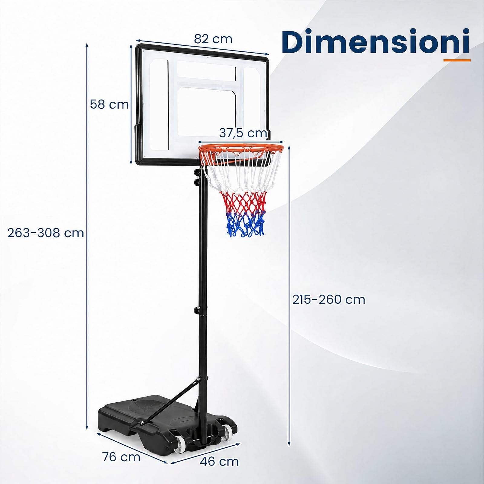 COSTWAY Canestro da Basket per Esterno e Interno 263-308 cm | Canestro Baskat per Bambini e Adulti Regolabile Altezza Portatile con Base Riempibile, Tabellone Infrangibile, Rete e Ruote