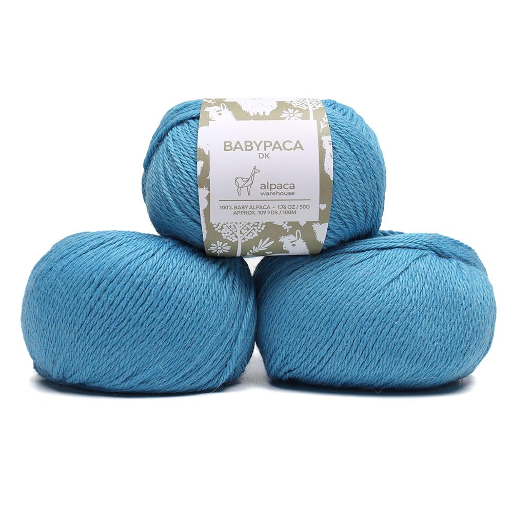 Juego de 3 madejas de lana de alpaca 100 % bebé, peso DK, fabricado en Perú, celestialmente suave y perfecto para tejer y hacer ganchillo (hilo de caramelo azul, DK)
