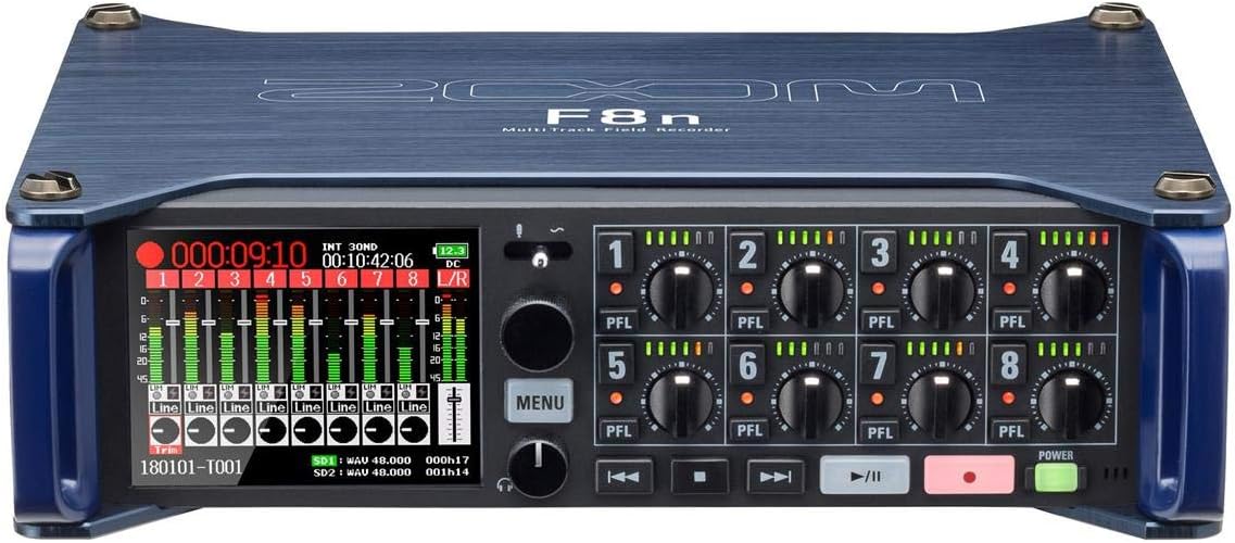 F8n Professional Field Recorder/Mixer, Audio for Video, 24-bit/192 kHz Recording, 10 Channel Recorder, 8 XLR/TRS Inputs, Timecode, Ambisonics Mode, Battery Powered, Dual SD Card Slots