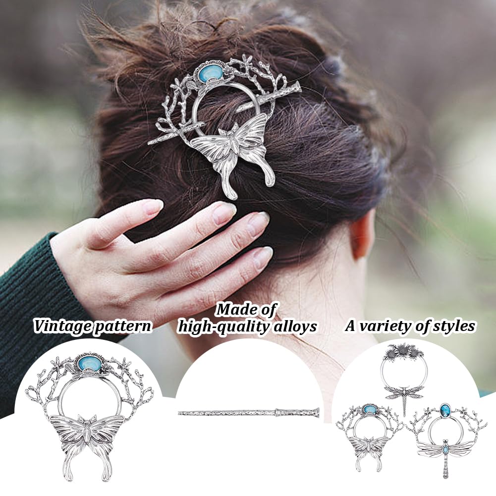 WEBEEDY 3 Styles Vintage Silver Hairpin Hair Slide Pin Dragonfly Butterfly Sunflower Moon Hair Pins Alloy Hairpin Viking Retro Barrettes for Women Long Hair Accessories,Valentine's Day Gifts,8.7cm - Image 3