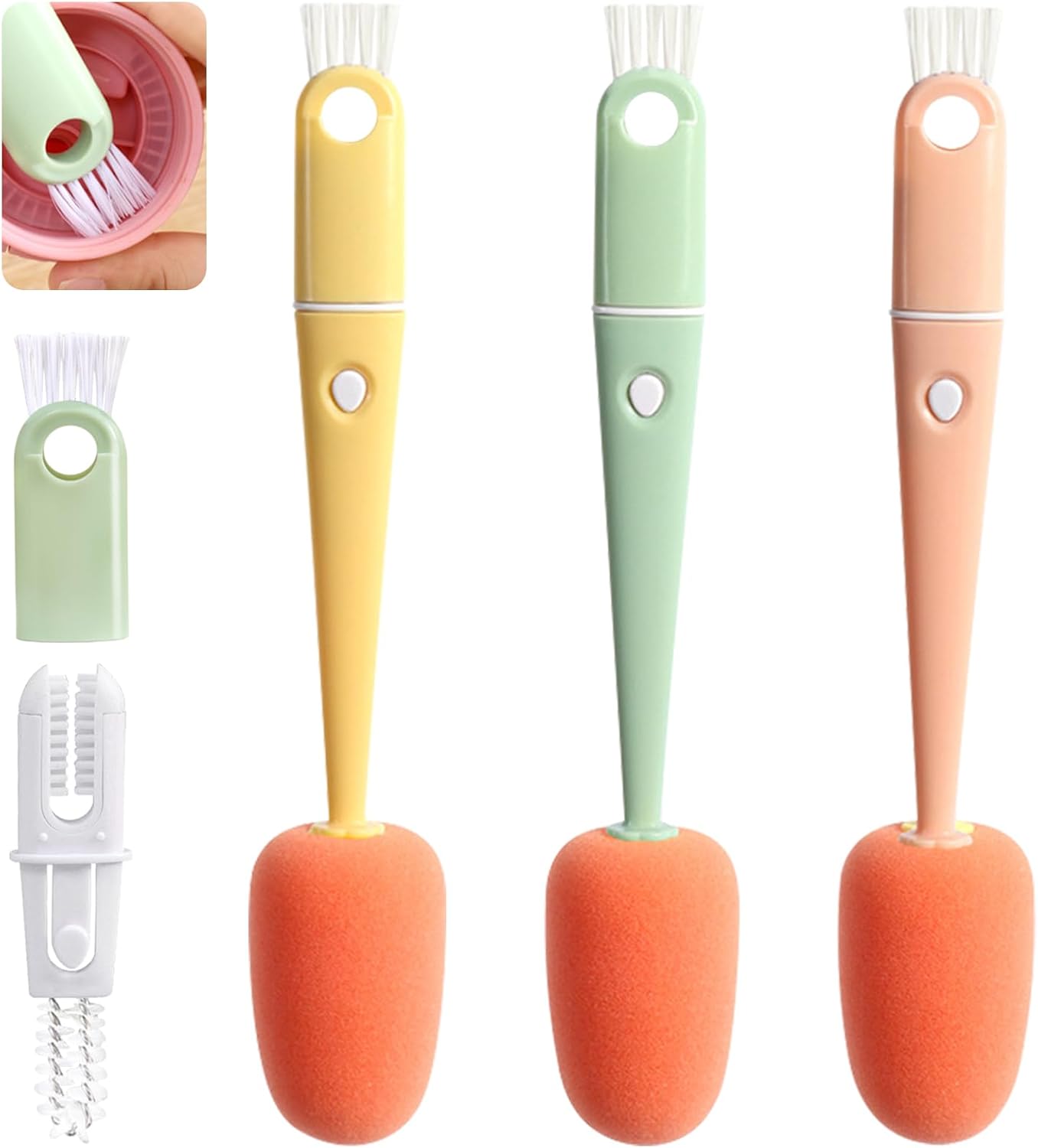 Bottle Cleaning Brush 3 PCS Long Handle Bottle Brush 4 in 1 Detachable Multifunctional Sponge Bottle Brushes with Nipple Cleaning Brush and Bottle Gap Cleaner Brush (3PCS)