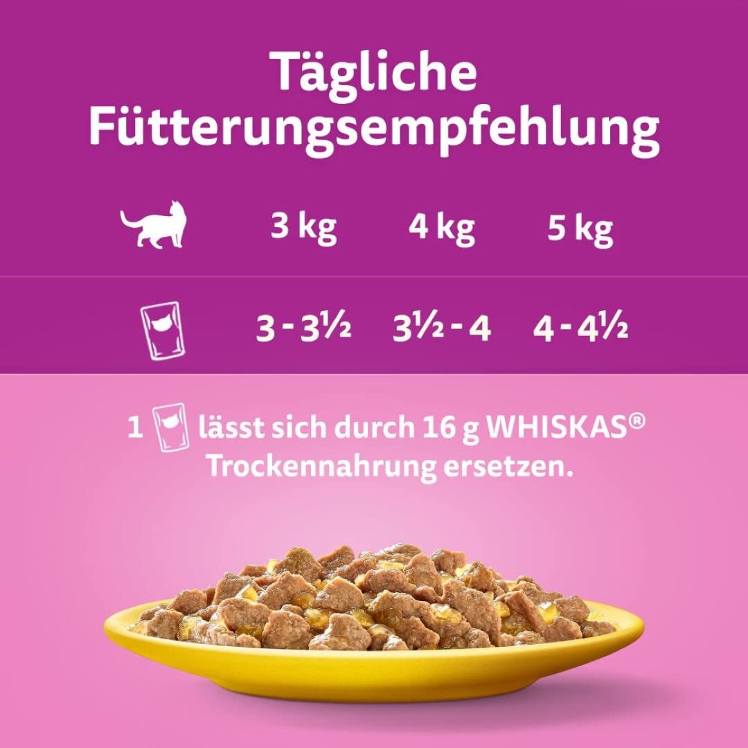 Whiskas Senior 11+ cibo umido per gatti, pollame in gelatina, 48 sacchetti per porzioni, 12 x 85 g (confezione da 4) – cibo umido per gatti di alta qualità per gatti dai 11 anni