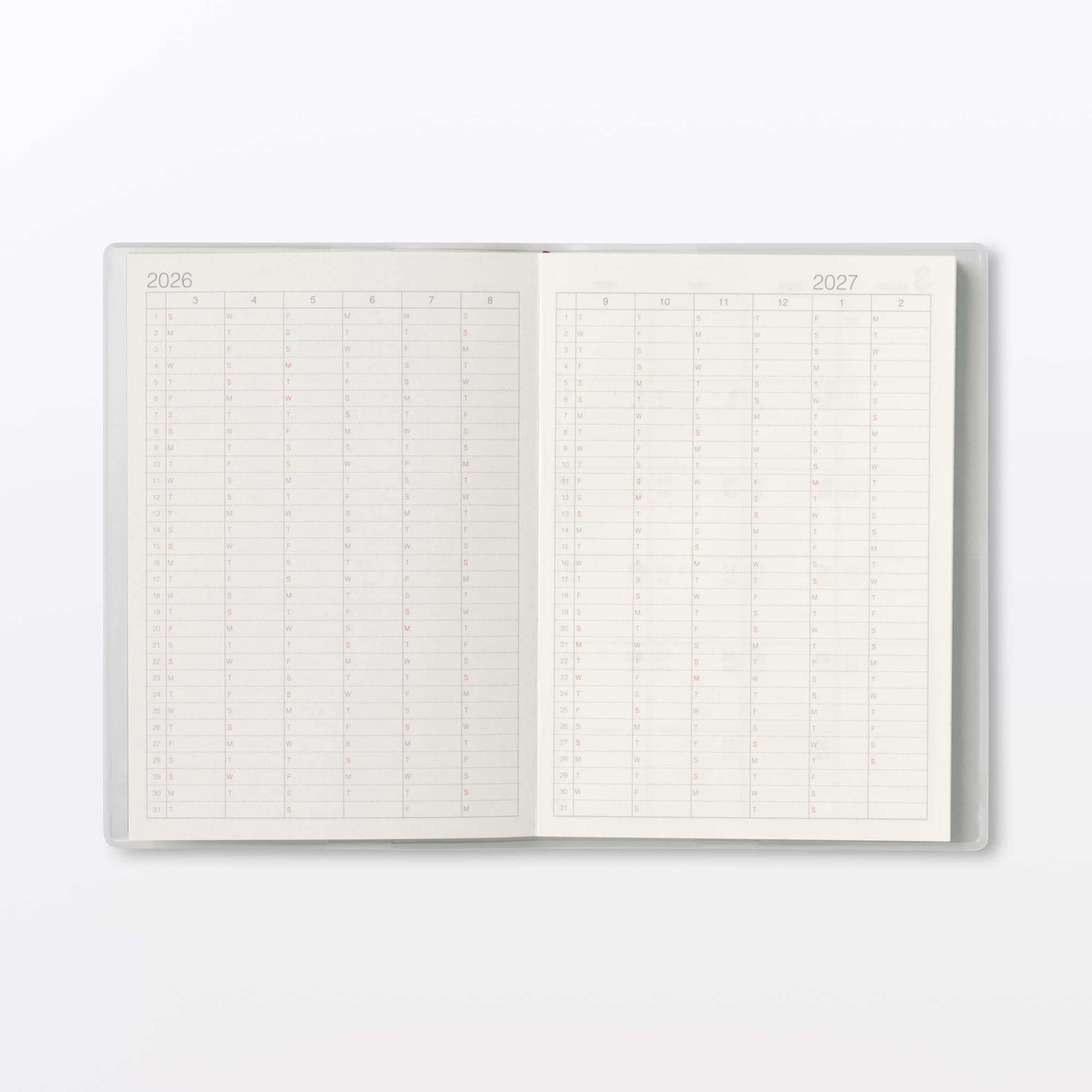 MUJI 76418818 Agenda mensual/semanal, comienza en marzo de 2026, A6, color blanco y gris