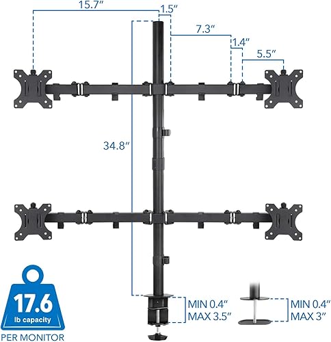 Miniatura 6 de Mount-It! Soporte para 4 monitores  Soporte de escritorio para monitor cuádruple  Se adapta a cuatro pantallas de computadora de 19 21 24 27 29 30