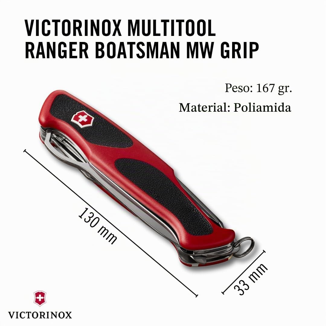 Victorinox Ranger Grip 79 Navaja multiusos con 12 funciones, incluyendo hoja con bloqueo para una mano, de color rojo/negro